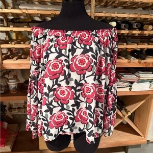 LOFT Red and Black Floral Off-Shoulder Blouse